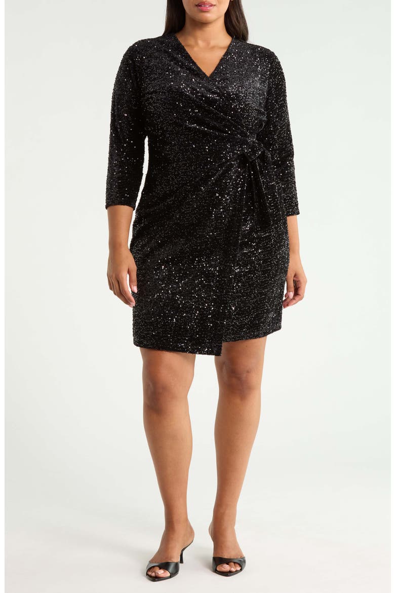 Sequin Faux Wrap Dress, Main, color, ANNE BLACK