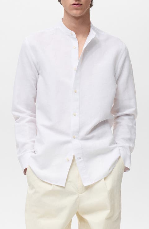 Band Collar Linen Blend Button-Up Shirt
