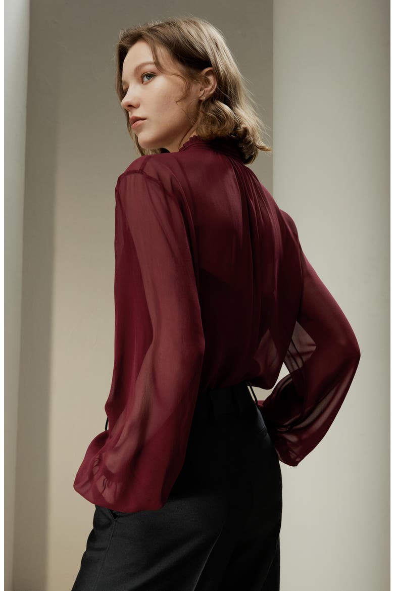 Tie Front Drawstring Georgette Blouse, Alternate, color, Oxblood