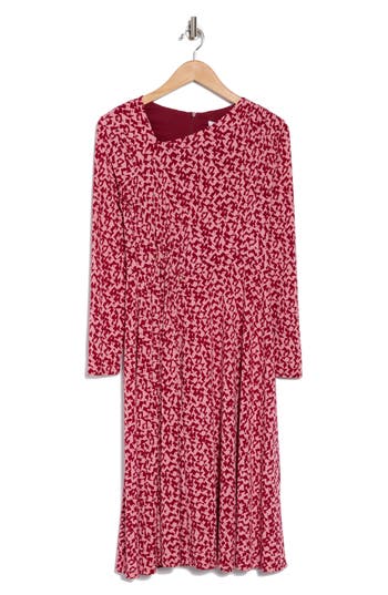 London Times Geo Print Asymmetric Neck Long Sleeve Dress In Blush/red