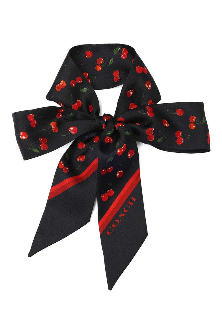 Cherry Print Silk Skinny Scarf, Alternate, color, NAVY MULTI