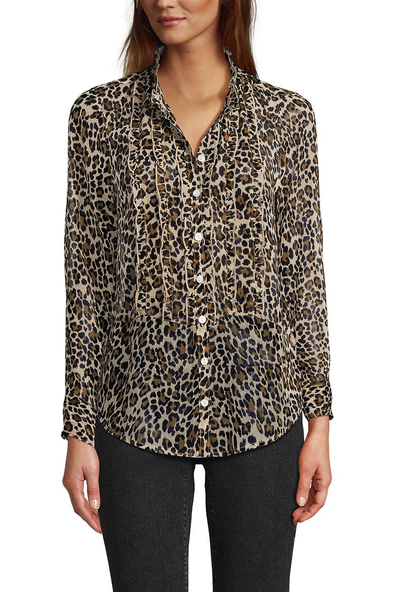 Chiffon Ruffle Front Long Sleeve Top, Alternate, color, Champagne Animal Spots