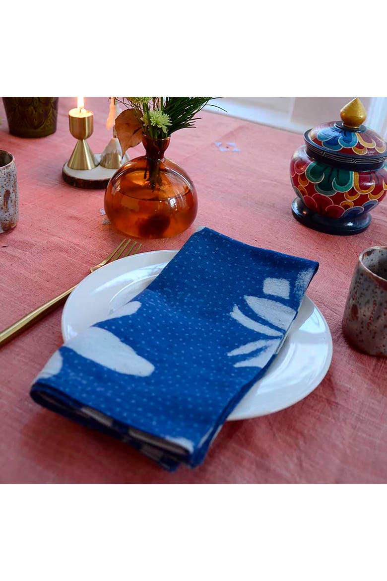 Hand Block Printed Blue Lotus Napkin, Alternate, color, Blue