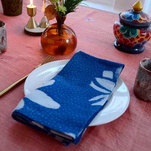 Ichcha Hand Block Printed Blue Lotus Napkin In Blue