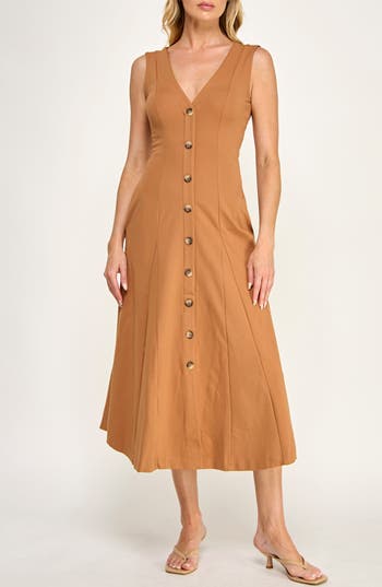 Socialite Buttoned A-line Midi Dress In Biscuit