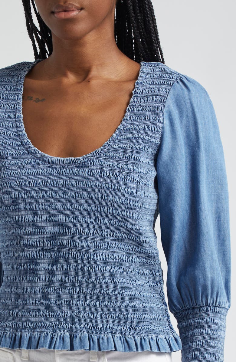 Veronica Beard Assyia Smocked Chambray Top, Alternate, color,