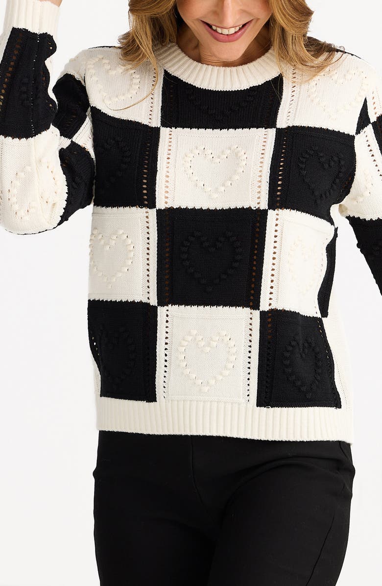 Brave+True Heart of Hearts Checkerboard Sweater, Alternate, color, Black/ Natural