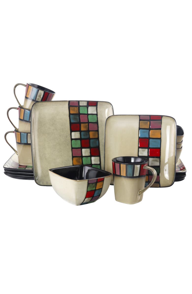 Elama Color Melange 16 Piece Multicolo Square Stoneware Dinnerware Set, Alternate, color, Beige