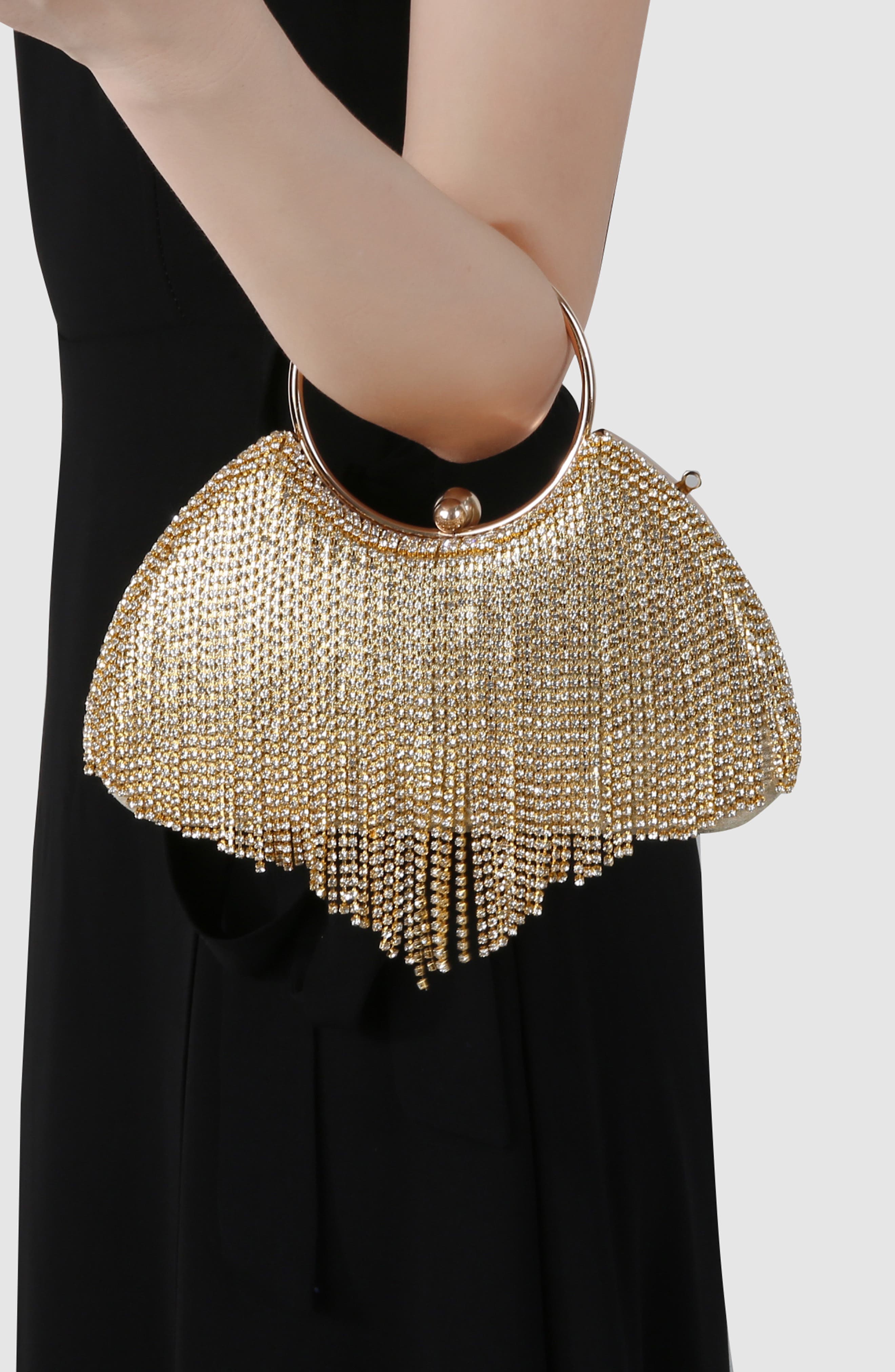 Circle Handle Rhinestone Fringe Clutch, Alternate, color, GOLD