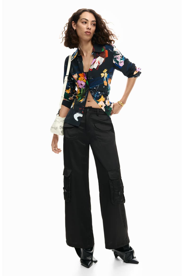 Printed Tie Back Button-Up Shirt, Alternate, color, BLACK