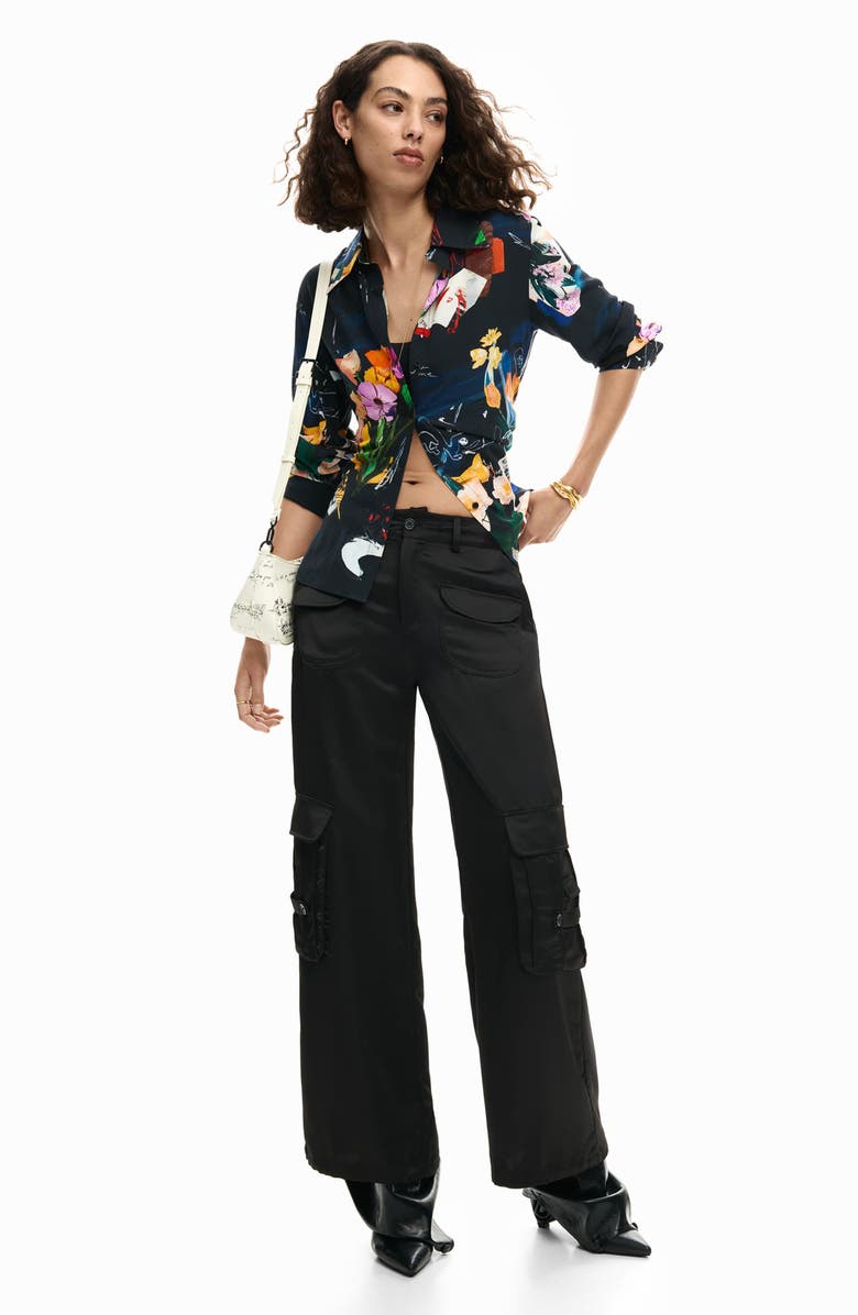 Desigual Printed Tie Back Button-Up Shirt, Alternate, color, Black