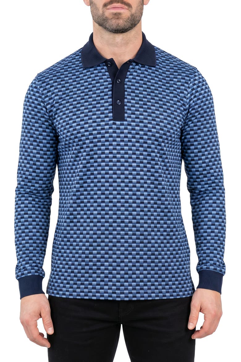 Geometric Long Sleeved Cotton Polo, Main, color, BLUE