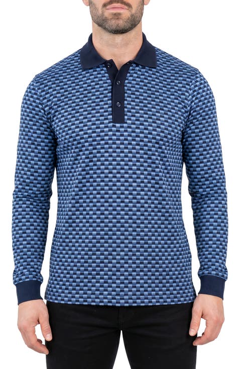 Geometric Long Sleeved Cotton Polo