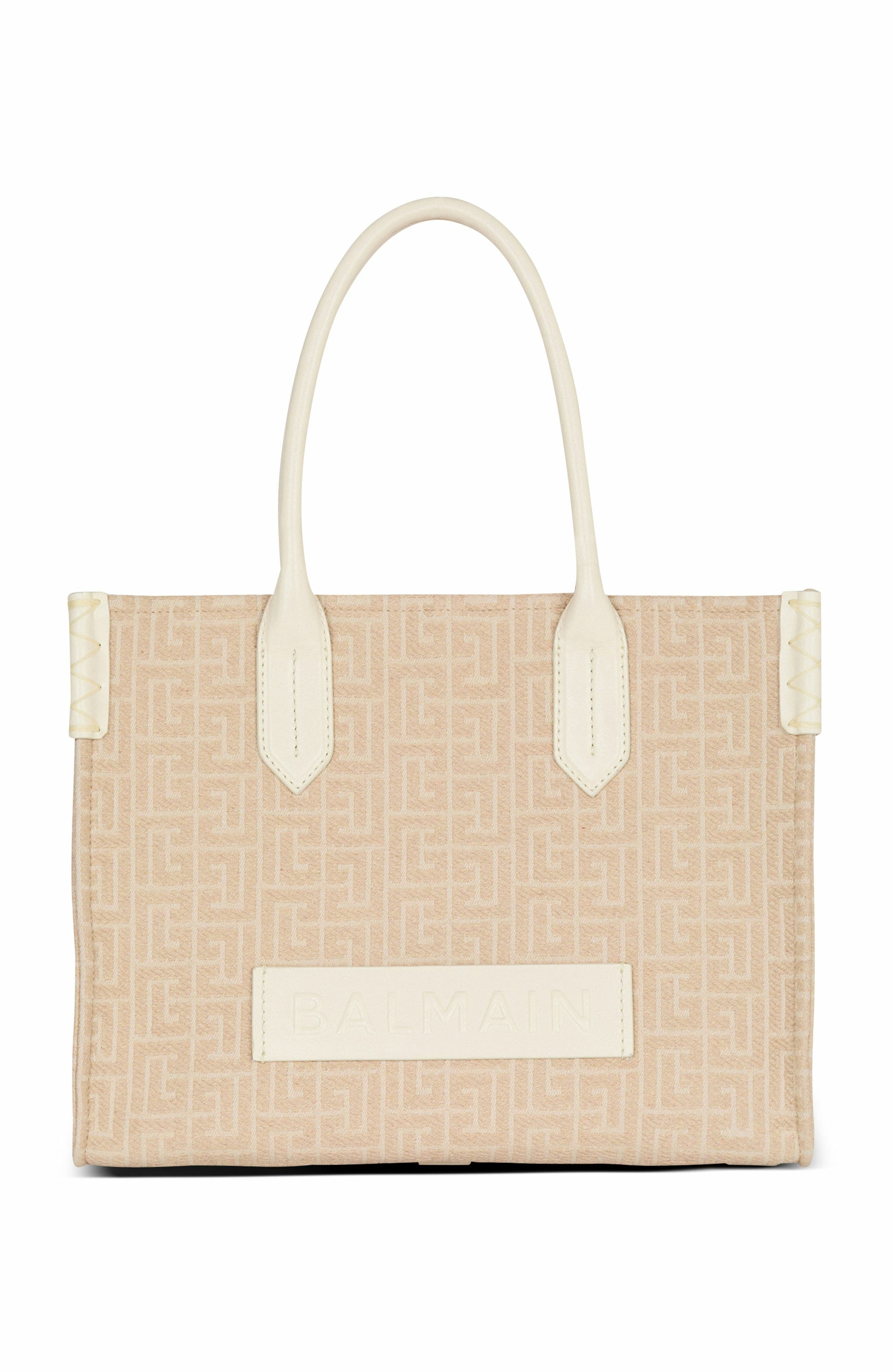 Balmain B-Army 36 Monogrammed Canvas Jacquard And Leather Tote Bag, Main, color, 