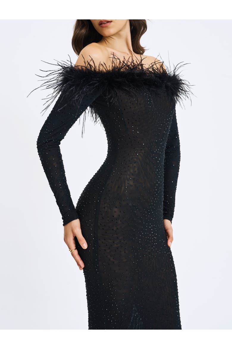 Emberly Fur Trimmed Off-Shoulder Rhinestone Mesh Mermaid Dress, Alternate, color, Black