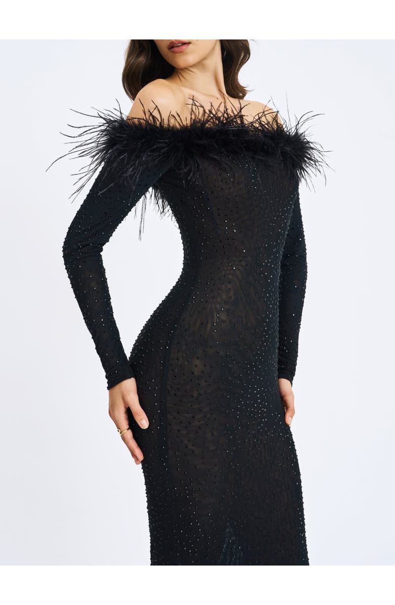 Miss Circle Emberly Fur Trimmed Off-Shoulder Rhinestone Mesh Mermaid Dress, Alternate, color, Black