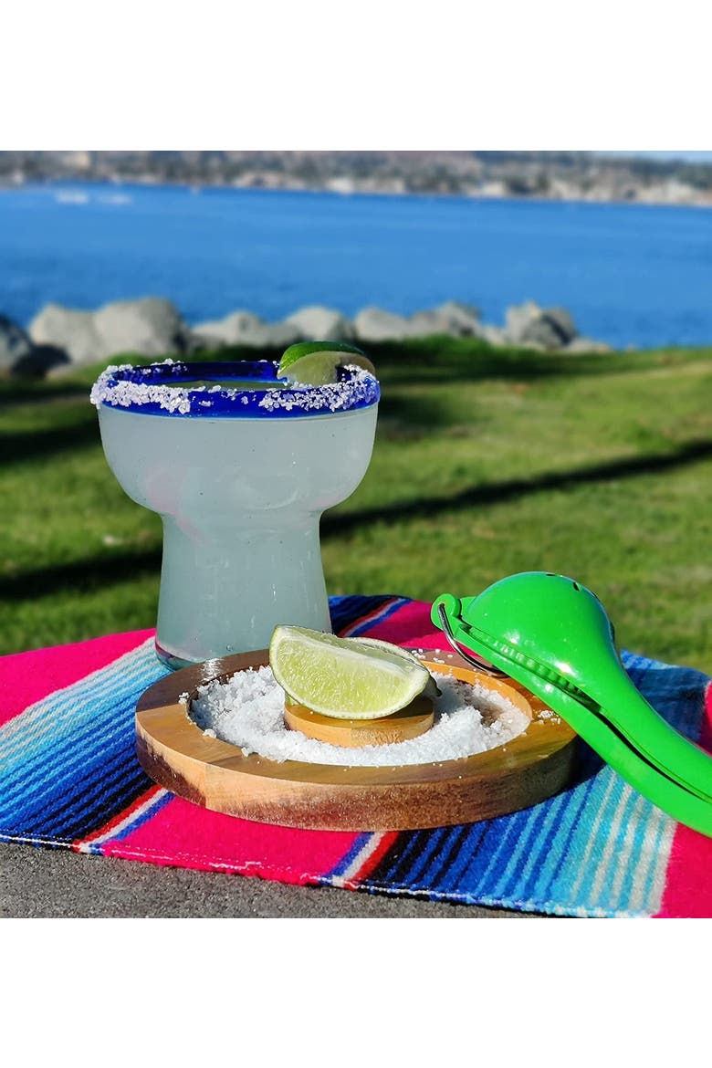 Hand Blown Stemless Margarita Glasses - Set of 4, Alternate, color, Cobalt Rim