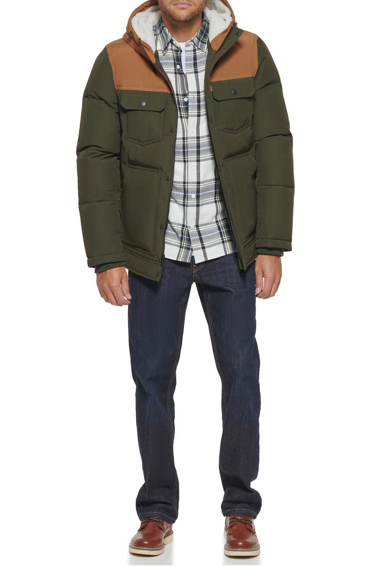 Levi's® Quilted Water Resistant Hooded Puffer Jacket, Alternate, color, OLIVE/ WORKER BROWN