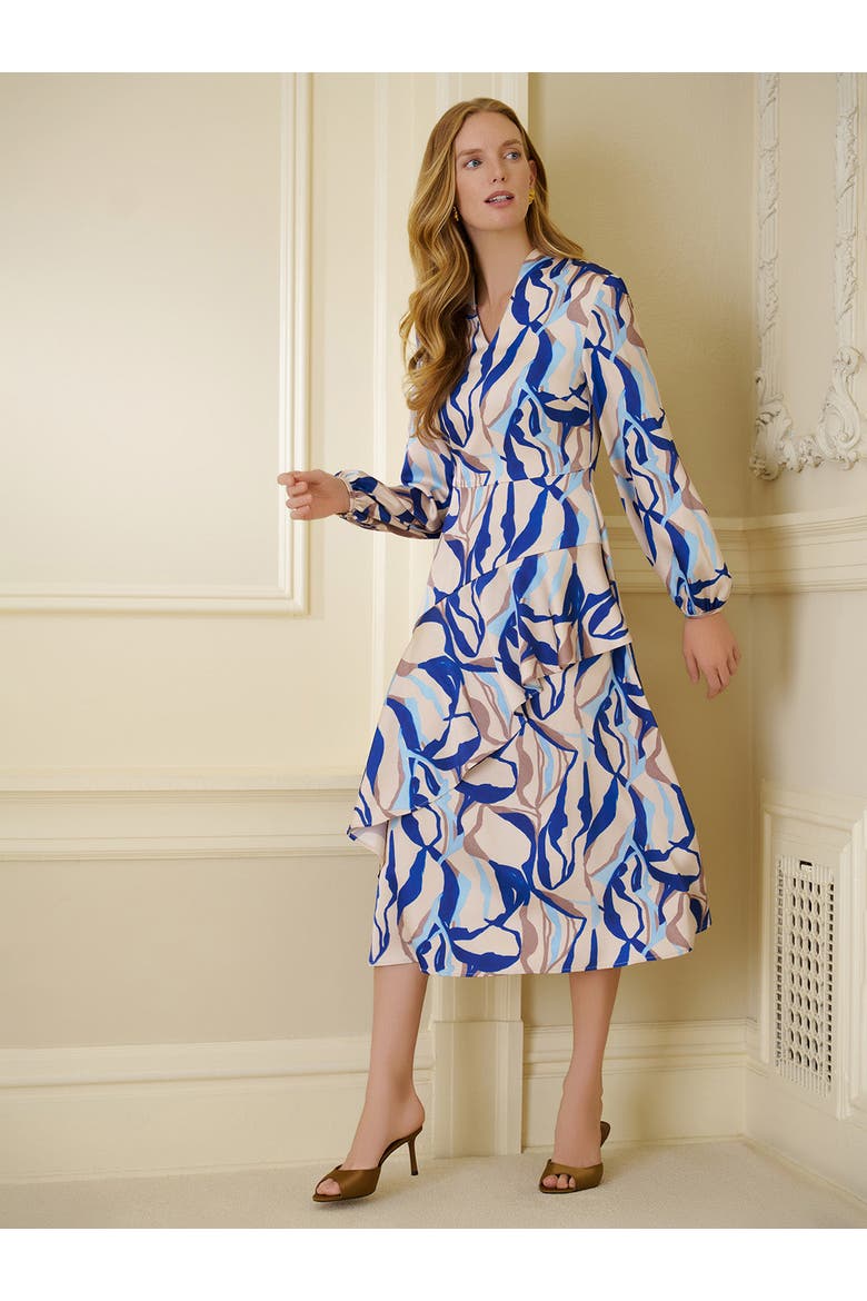 Fit & Flare Printed Crepe de Chine Ruffle Maxi Dress, Alternate, color, Biscotti/Aegean Blue
