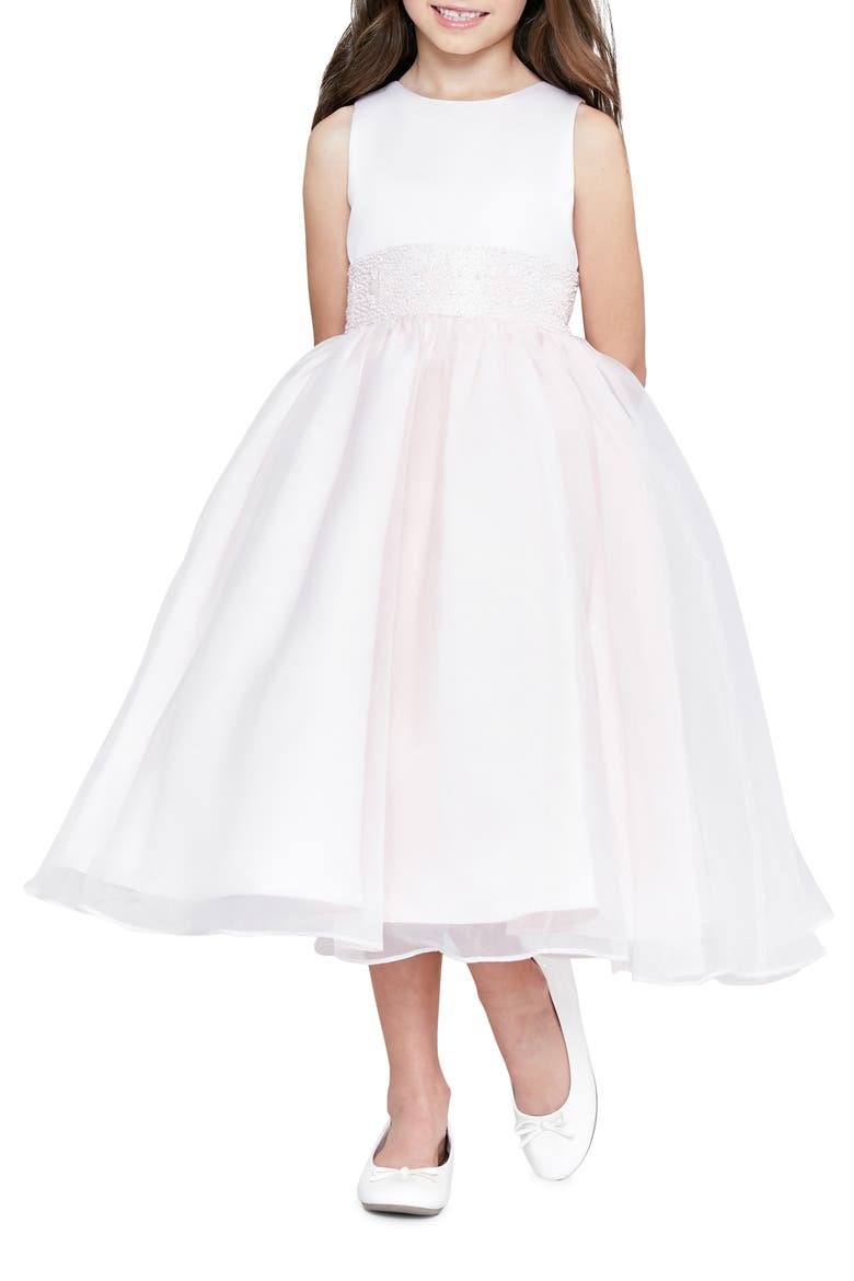 Kids' Beaded Satin Sleeveless Communion Dress, Main, color, BLUSH PINK