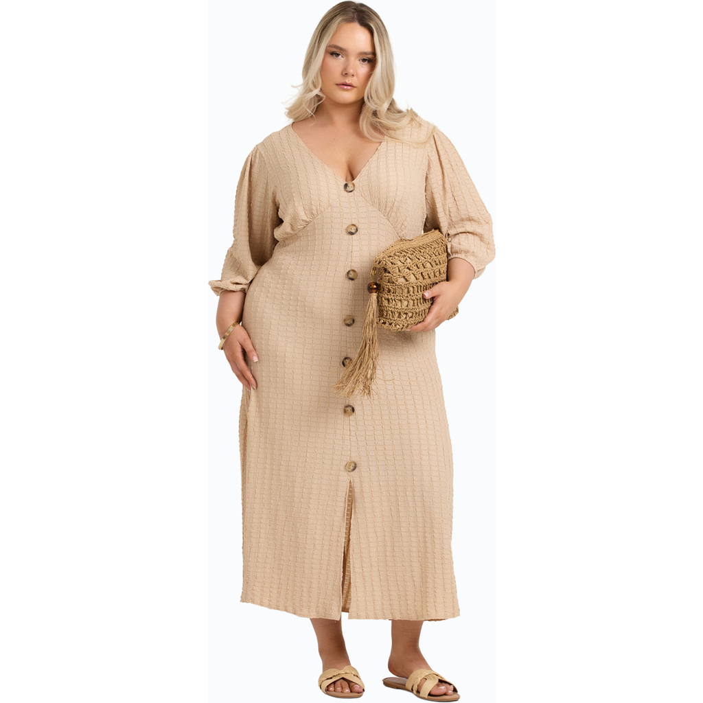 Fashion-szn Curve Balloon Sleeve Button Front Midi Dress In Gray