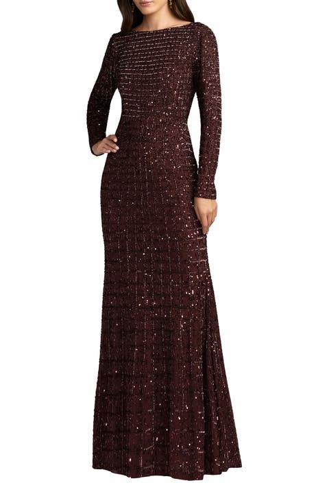 Long Sleeve Embellished Boat Neck Gown