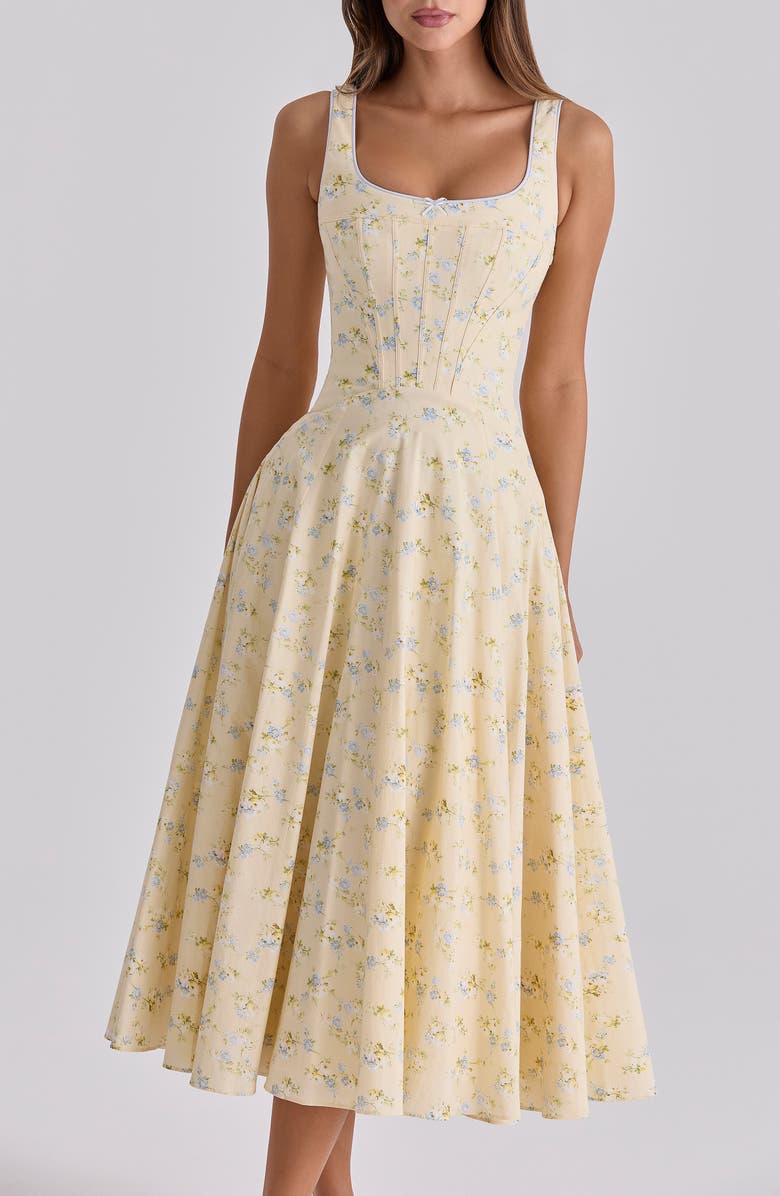 HOUSE OF CB Jaime Floral Stretch Cotton Dress, Alternate, color, Lemon Floral