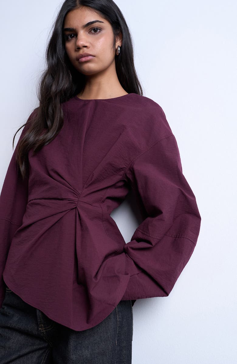 Topshop Asymmetric Pleat Long Sleeve Top, Alternate, color, Burgundy