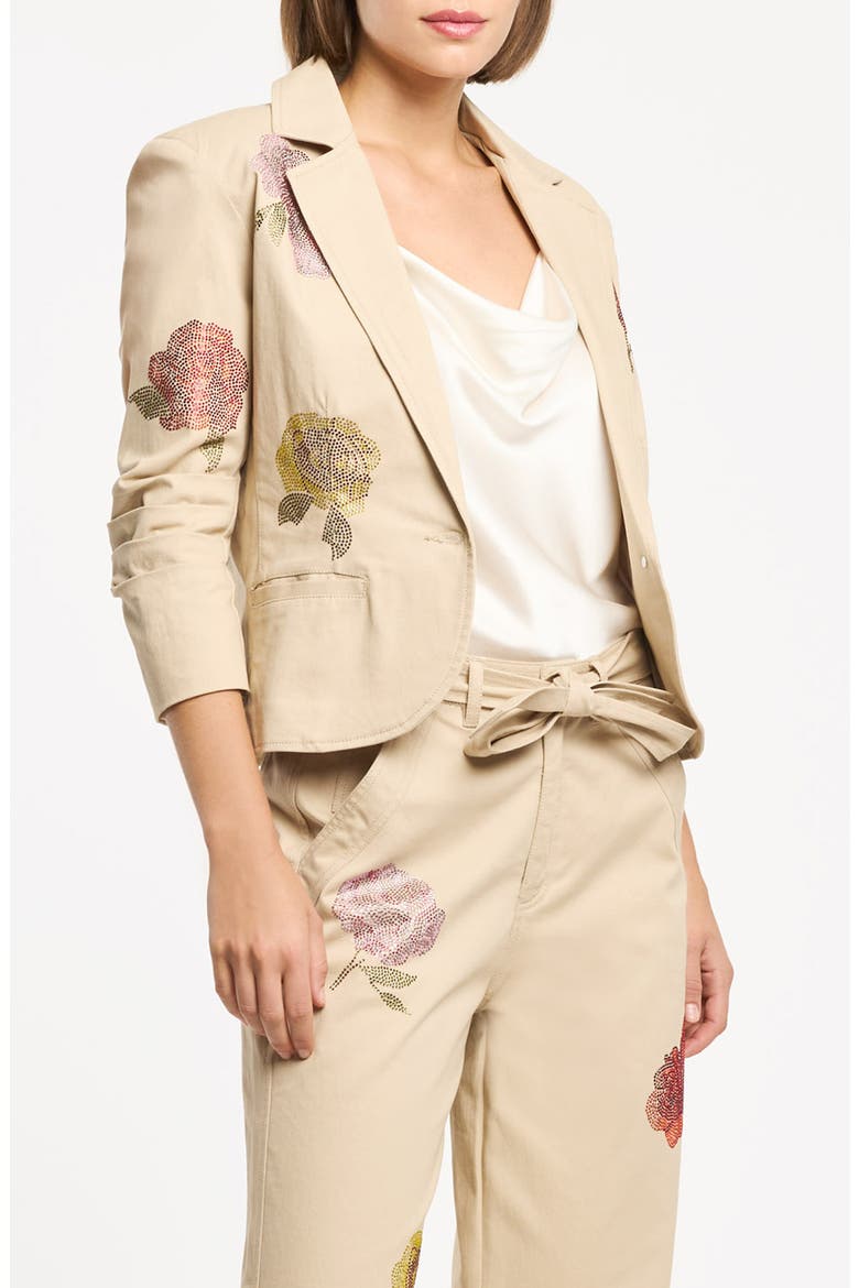 Beaded Floral Stretch Cotton Jacket, Main, color, KHAKI MULTI