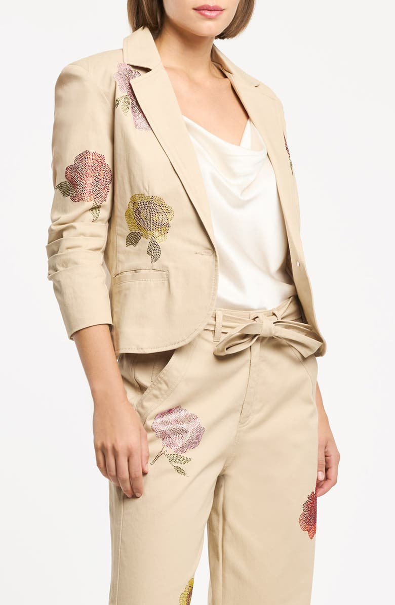 Cinq à Sept Beaded Floral Stretch Cotton Jacket, Main, color, Khaki Multi