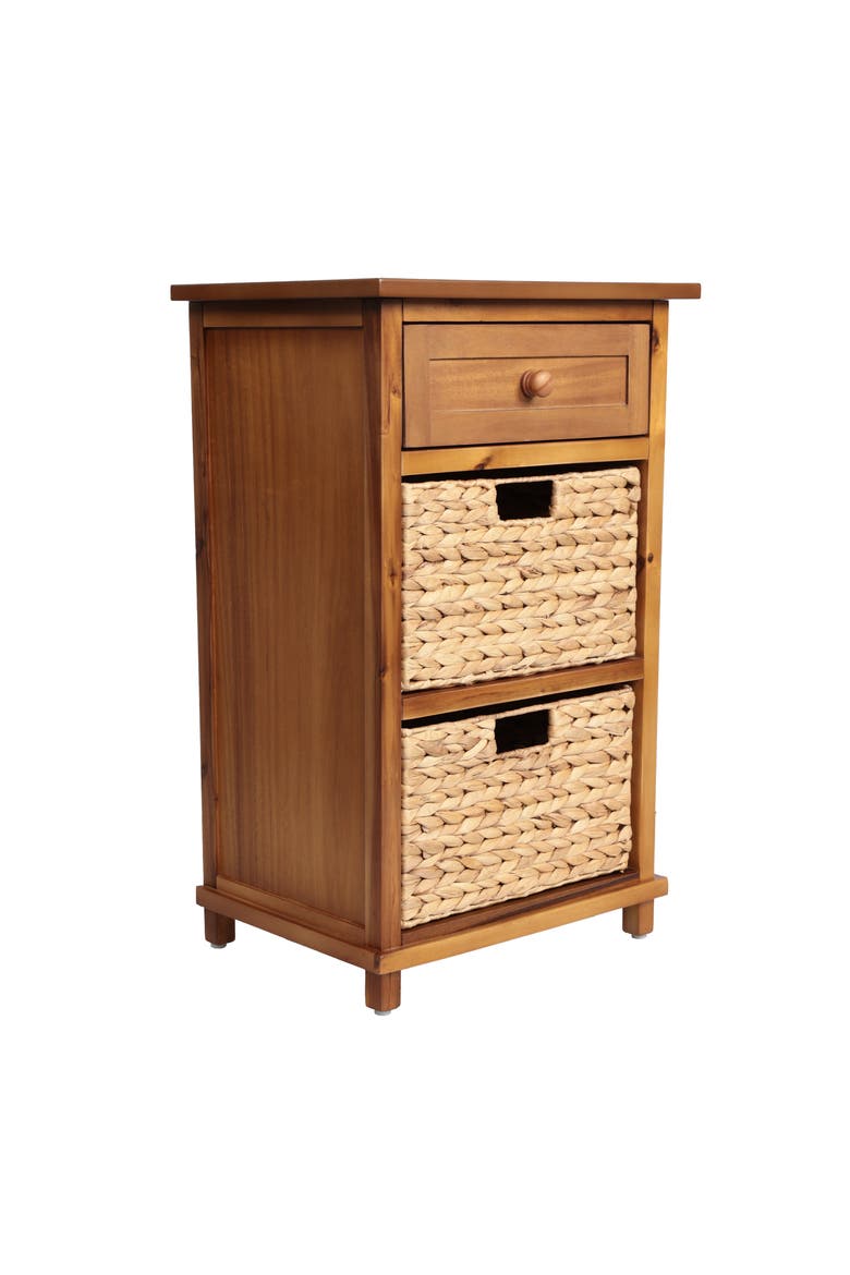 Malibu Rustic Handcrafted Acacia Wood Accent Storage Nightstand with Drawer and 2 Water Hyacinth Woven Baskets, Main, color, Natural