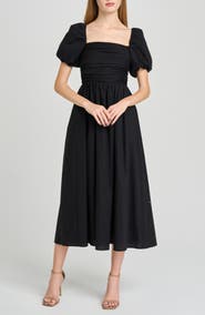 WAYF Lucy Ruched Puff Sleeve Midi Dress