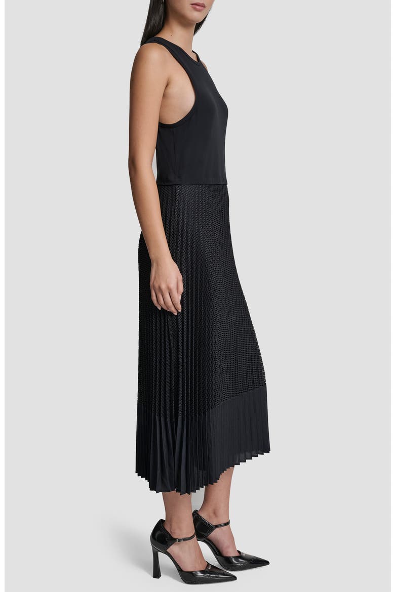 Mixed Media Pleat Midi Dress, Alternate, color, NAVY