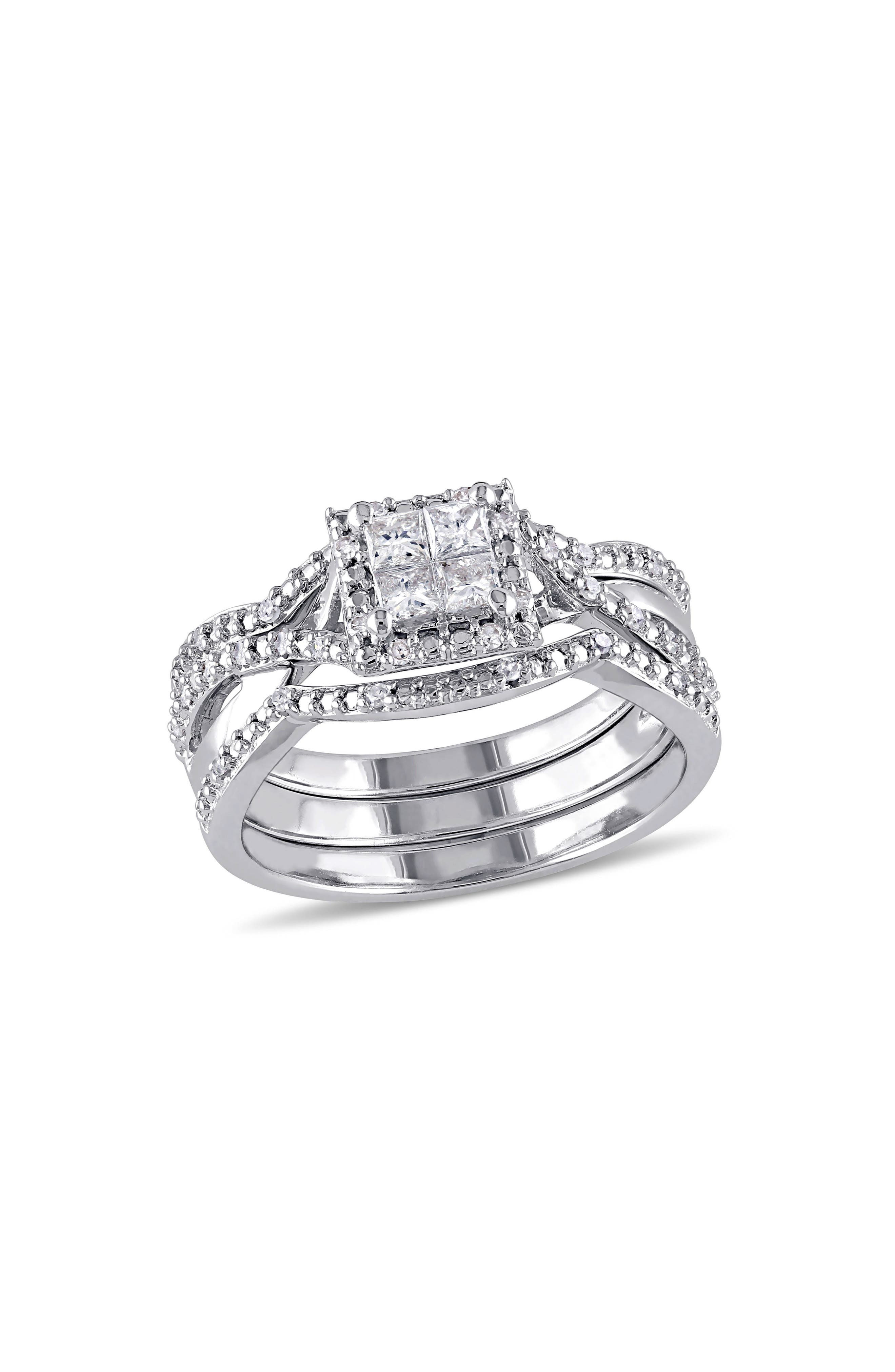 DELMAR Set of 3 Princess Cut Diamond Halo Stackable Rings