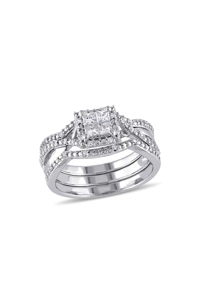 Set of 3 Princess Cut Diamond Halo Stackable Rings, Main, color, WHITE
