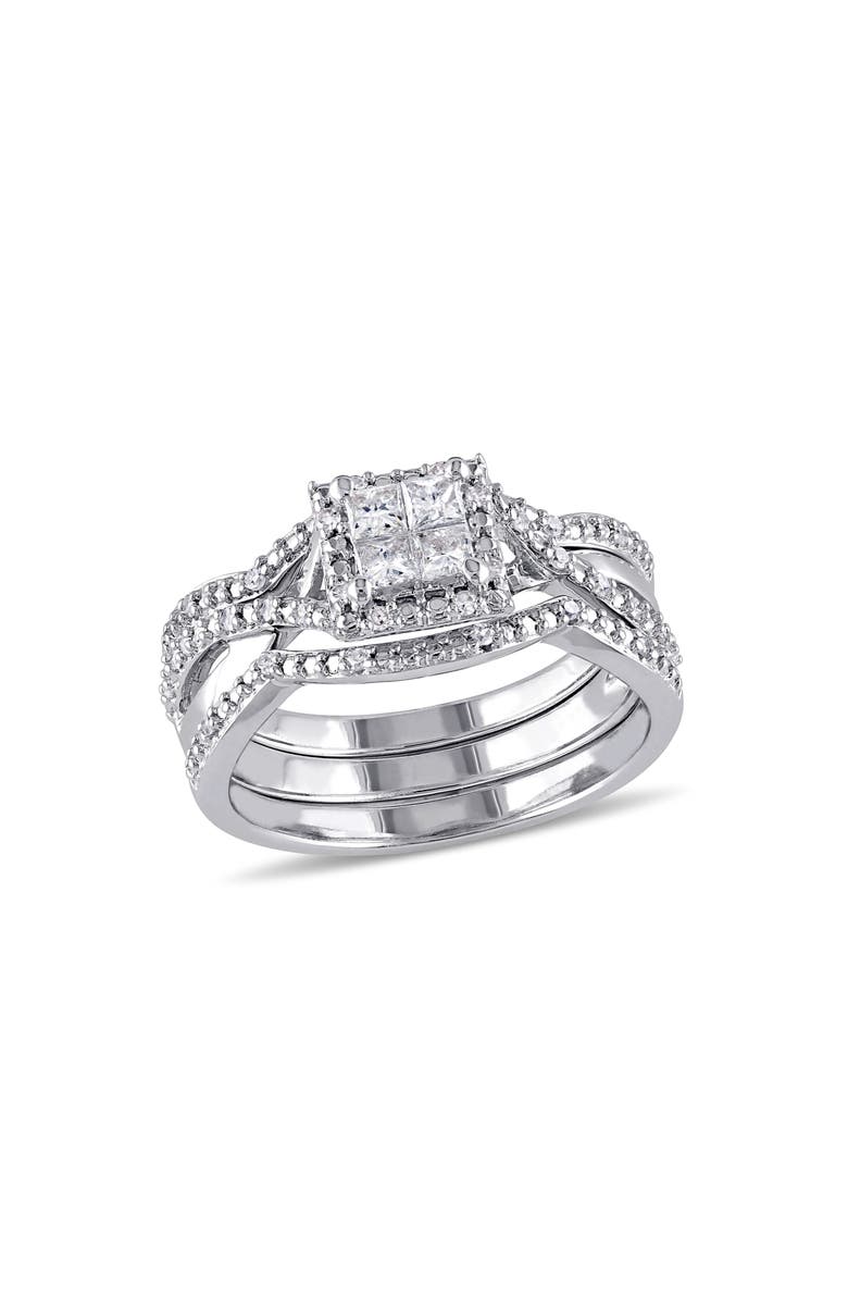 DELMAR Set of 3 Princess Cut Diamond Halo Stackable Rings, Main, color, White