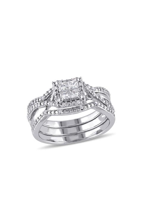 Set of 3 Princess Cut Diamond Halo Stackable Rings