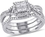 DELMAR Set of 3 Princess Cut Diamond Halo Stackable Rings