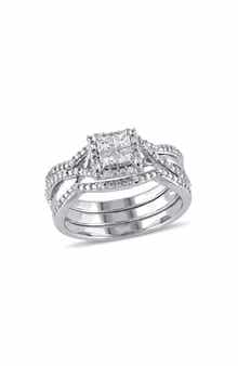 DELMAR Set of 3 Princess Cut Diamond Halo Stackable Rings