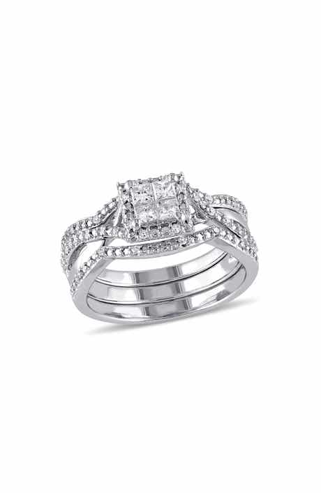 DELMAR Set of 3 Princess Cut Diamond Halo Stackable Rings