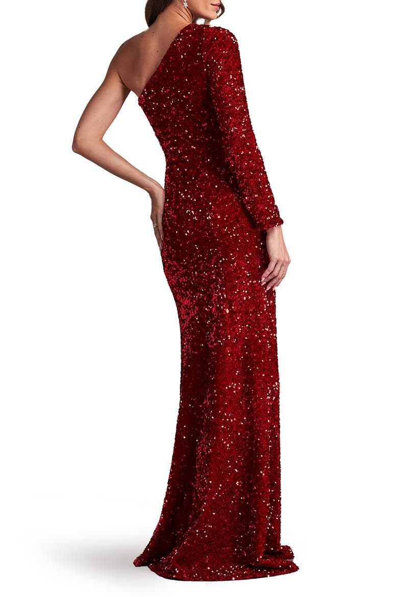 Sequin One-Shoulder Single Long Sleeve Gown, Alternate, color, ROUGE