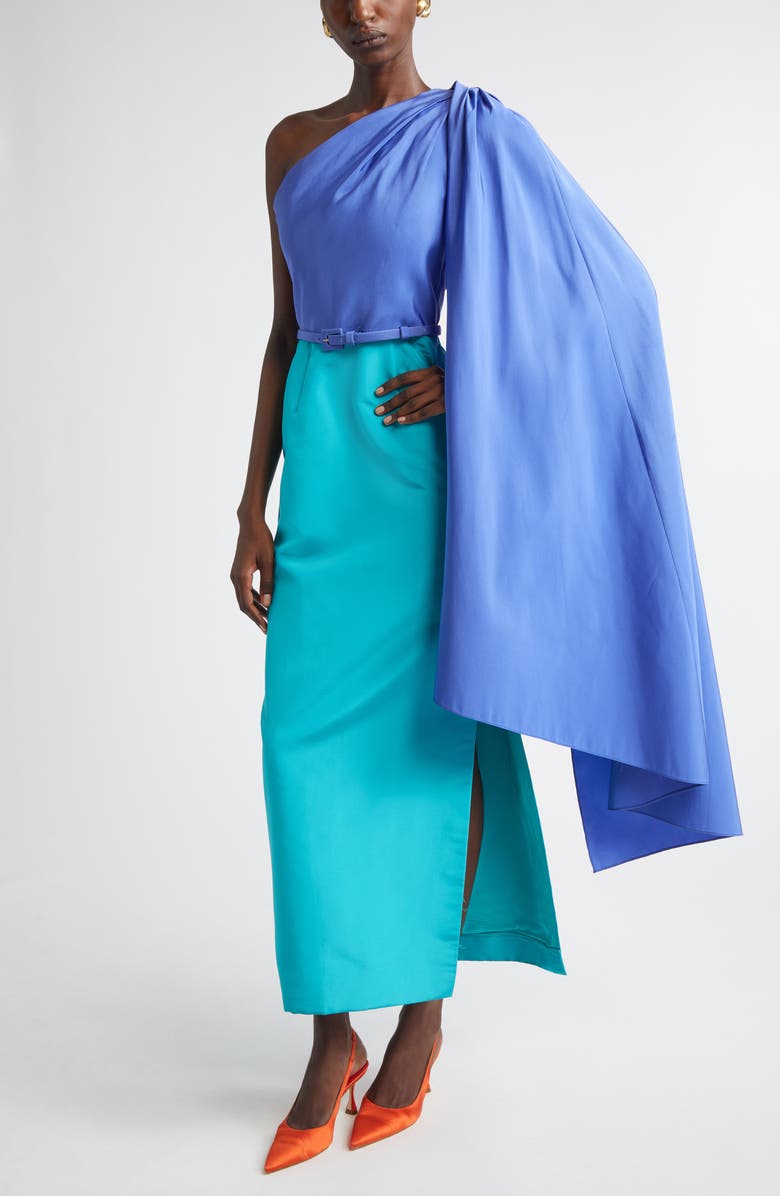 Carolina Herrera Colorblock Belted Silk Faille Gown with Detachable Cape Sleeve, Alternate, color, Turquoise Multi