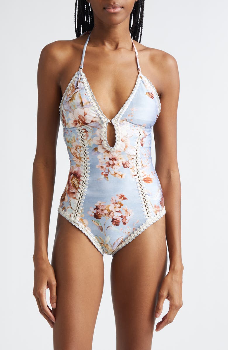 Zimmermann Awaken Crochet Trim Keyhole One-Piece Swimsuit, Main, color, Chambray Floral