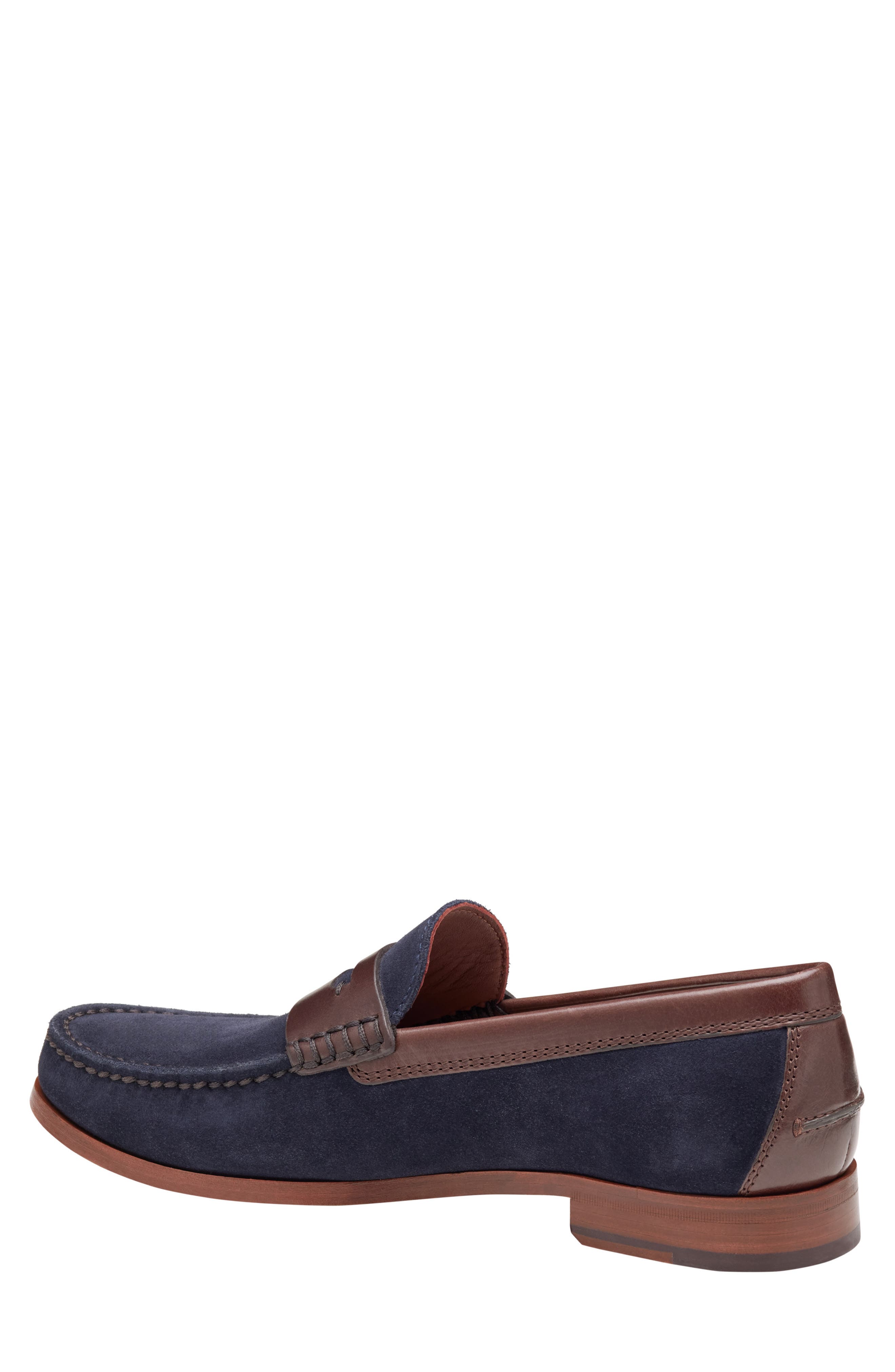 Baldwin Penny Loafer, Alternate, color, NAVY WAXED ENGLISH SUEDE/BROWN FULL GRAIN