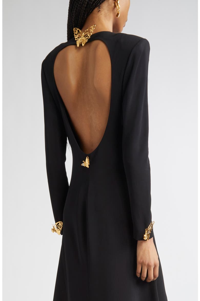Butterfly Detail Long Sleeve Open Back Gown, Alternate, color, BLACK