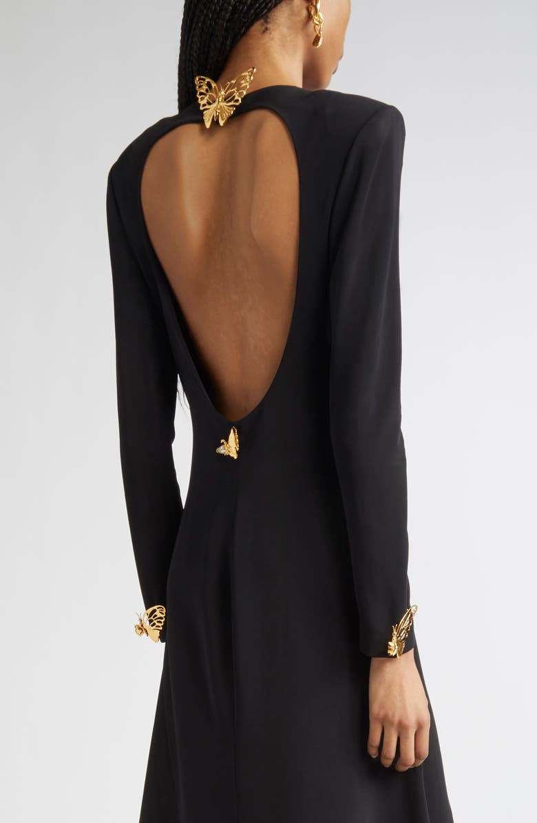 Oscar de la Renta Butterfly Detail Long Sleeve Open Back Gown, Alternate, color, Black