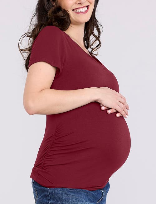 Motherhood Maternity V-neck Side-ruched Maternity Short Sleeve Tee In Burgundy