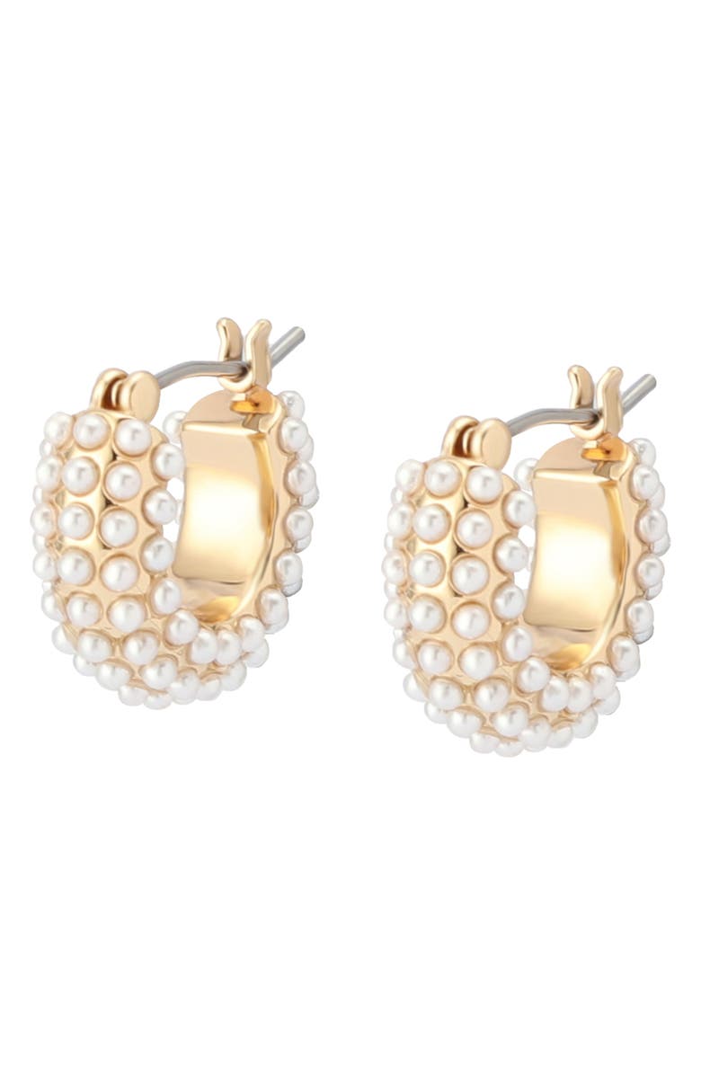 AllSaints Faux Pearl Huggie Hoop Earrings, Alternate, color, Gold/ White
