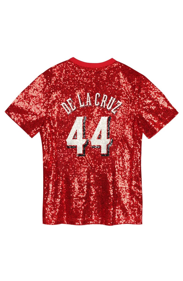 Outerstuff Juniors Elly De La Cruz Red Cincinnati Reds Name & Number Sequin V-Neck Top, Alternate, color, Red