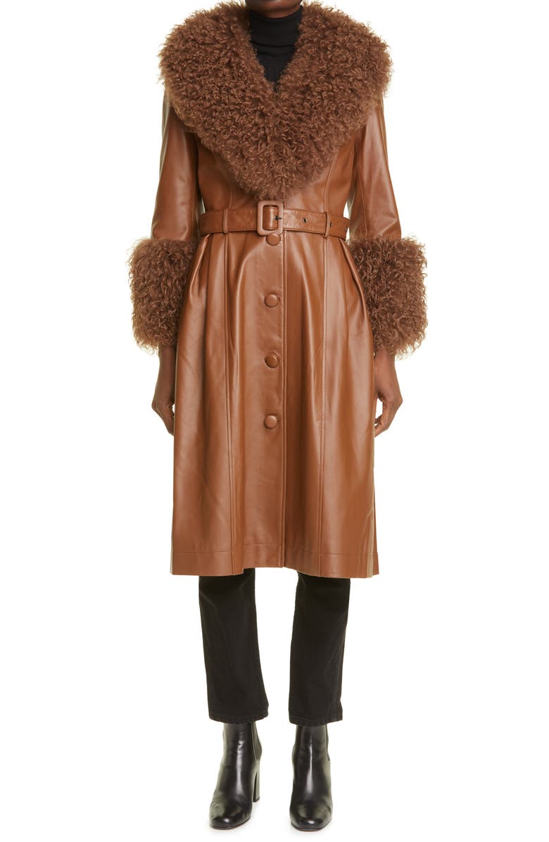 Saks Potts Foxy Genuine Shearling Trim Leather Coat, Main, color,